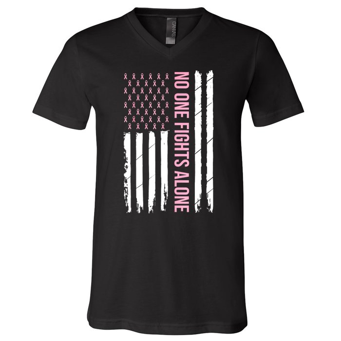 Usa American Flag Breast Cancer Awareness Ribbon Gift V-Neck T-Shirt