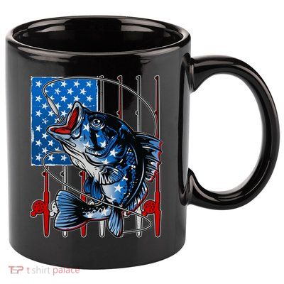 USA American Flag Bass Fishing 11oz C Handle Ceramic Mug