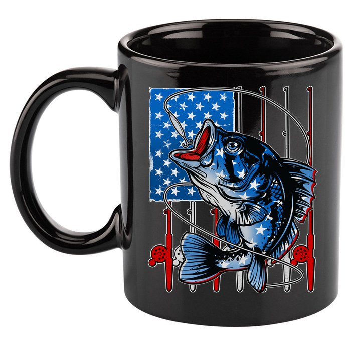 USA American Flag Bass Fishing 11oz C Handle Ceramic Mug