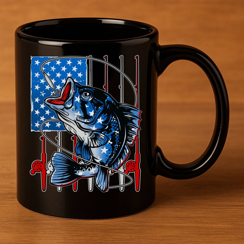 USA American Flag Bass Fishing 11oz C Handle Ceramic Mug