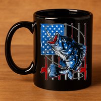 USA American Flag Bass Fishing 11oz C Handle Ceramic Mug