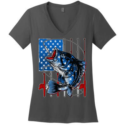 USA American Flag Bass Fishing Women's V-Neck T-Shirt