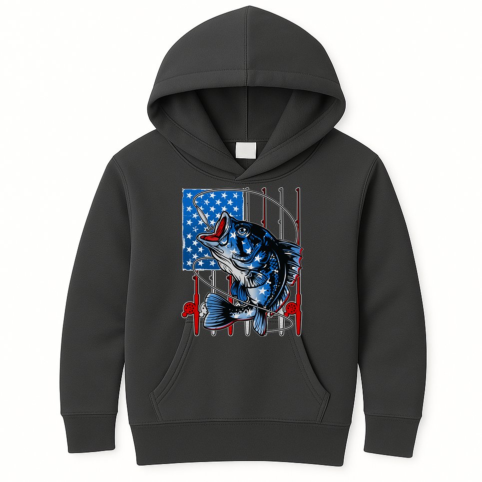 USA American Flag Bass Fishing Kids Hoodie