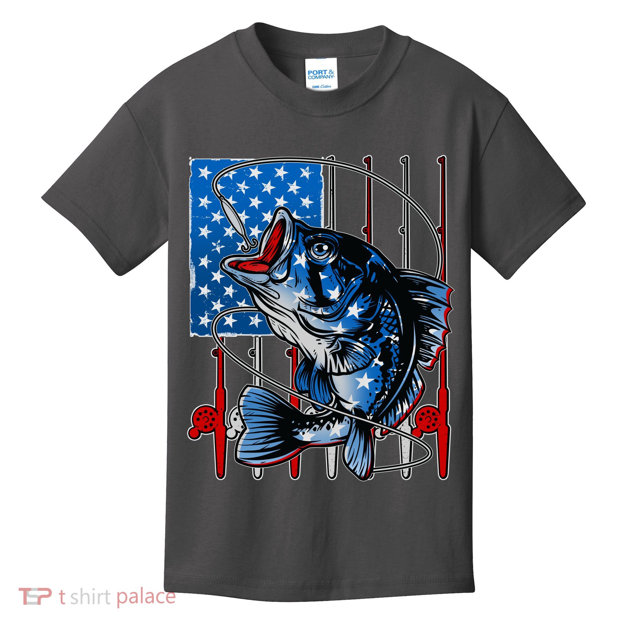 USA American Flag Bass Fishing Kids T-Shirt