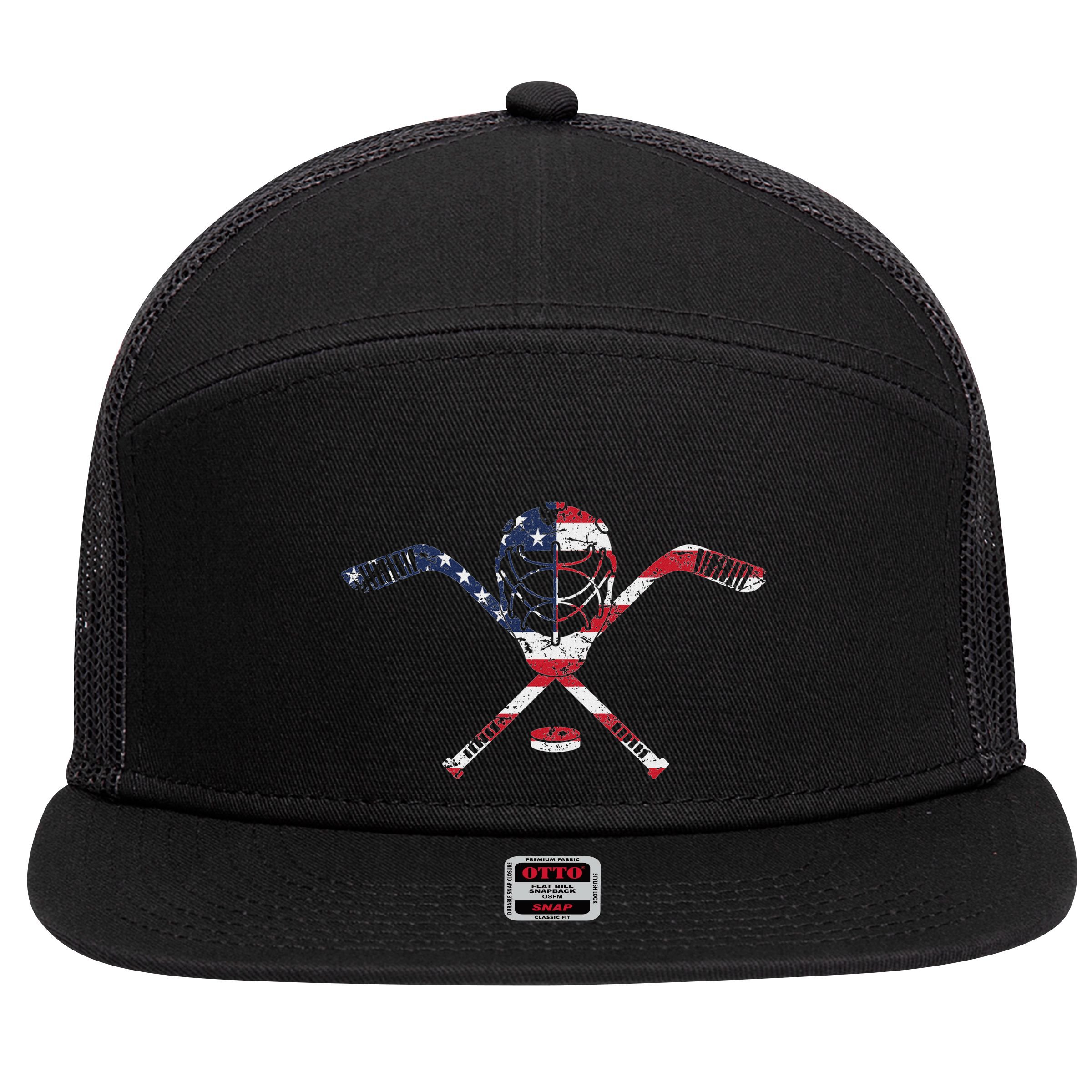 Usa American Flag Ice Hockey Goalie Mask Stick Patriotic 7 Panel Mesh Trucker Snapback Hat