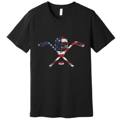 Usa American Flag Ice Hockey Goalie Mask Stick Patriotic Premium T-Shirt