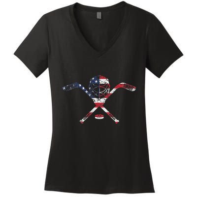 Usa American Flag Ice Hockey Goalie Mask Stick Patriotic Women's V-Neck T-Shirt