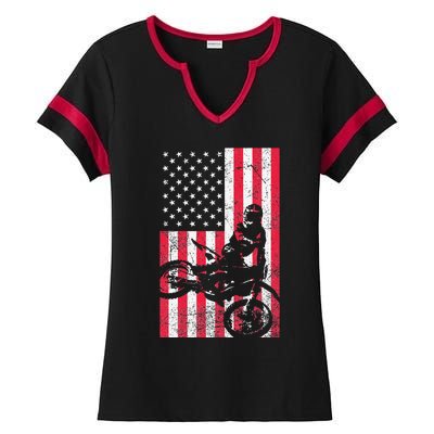 USA American Flag Dirt Bike Red White Blue 4th of July Top Ladies Halftime Notch Neck Tee