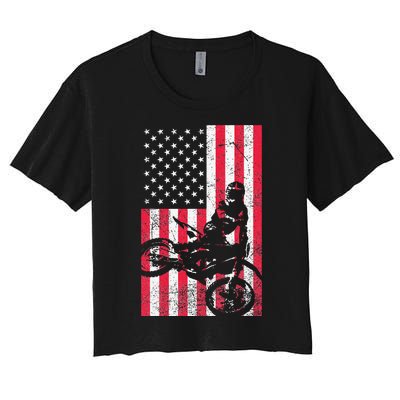 USA American Flag Dirt Bike Red White Blue 4th of July Top Women's Crop Top Tee