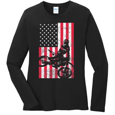 USA American Flag Dirt Bike Red White Blue 4th of July Top Ladies Long Sleeve Shirt