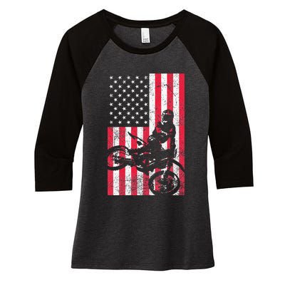 USA American Flag Dirt Bike Red White Blue 4th of July Top Women's Tri-Blend 3/4-Sleeve Raglan Shirt