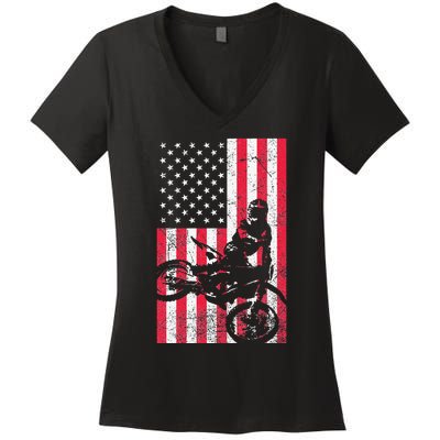 USA American Flag Dirt Bike Red White Blue 4th of July Top Women's V-Neck T-Shirt