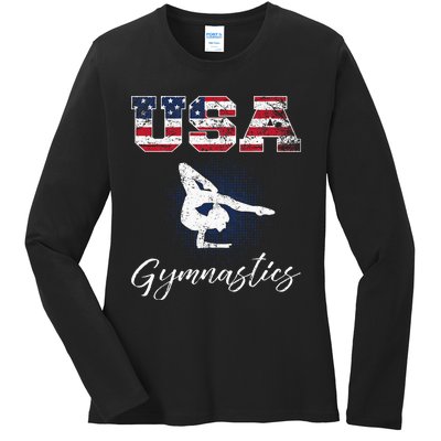 Usa American Flag Gymnastics Gymnast Ladies Long Sleeve Shirt