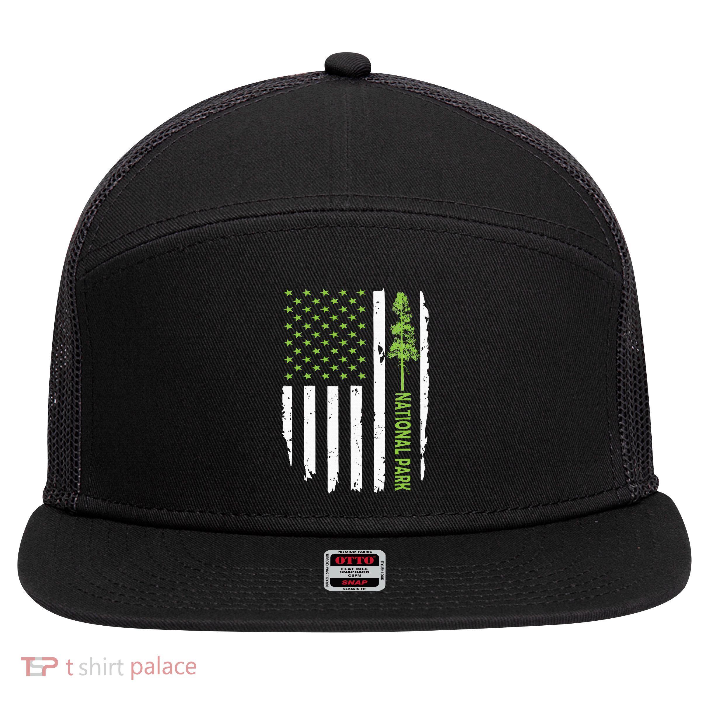 US american flag with pine tree for protect national parks  7 Panel Mesh Trucker Snapback Hat