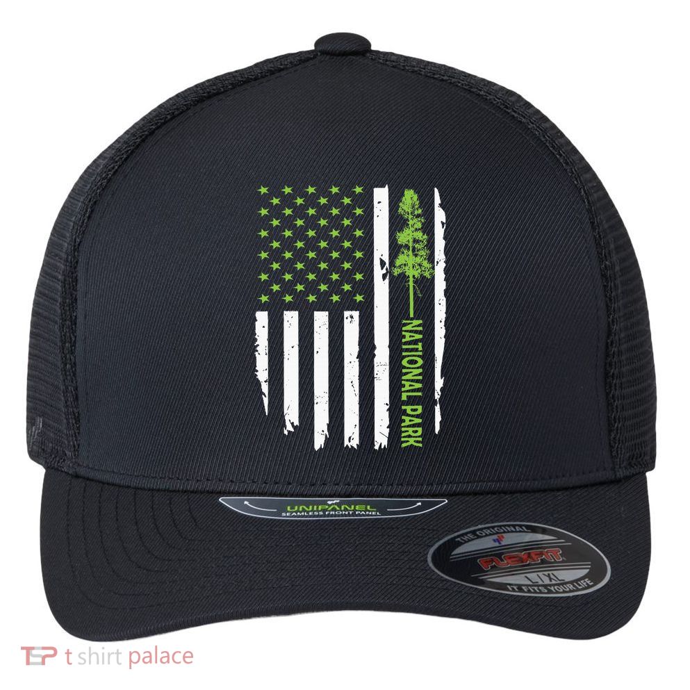 US american flag with pine tree for protect national parks  Flexfit Unipanel Trucker Cap