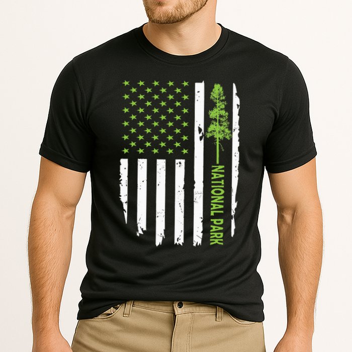 US american flag with pine tree for protect national parks  Performance Shirt