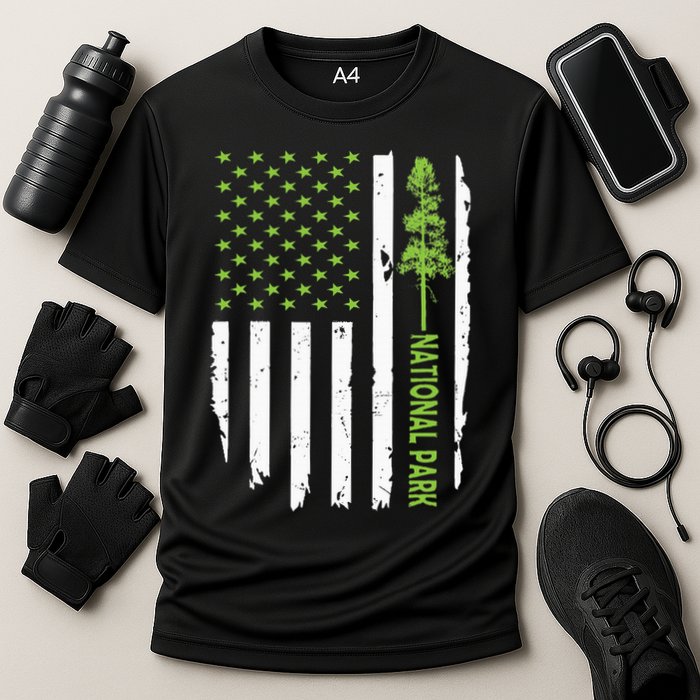 US american flag with pine tree for protect national parks  Performance Shirt