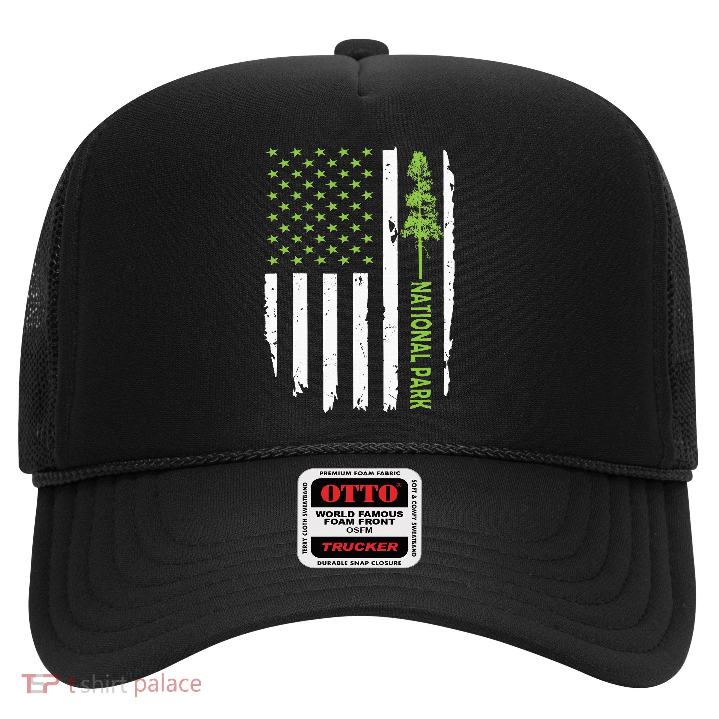 US american flag with pine tree for protect national parks  Trucker Hat
