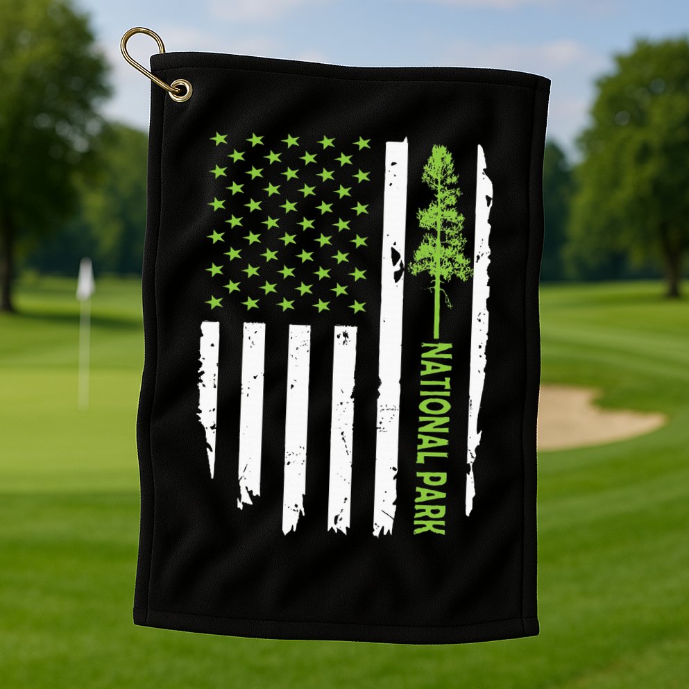 US american flag with pine tree for protect national parks  Golf Towel