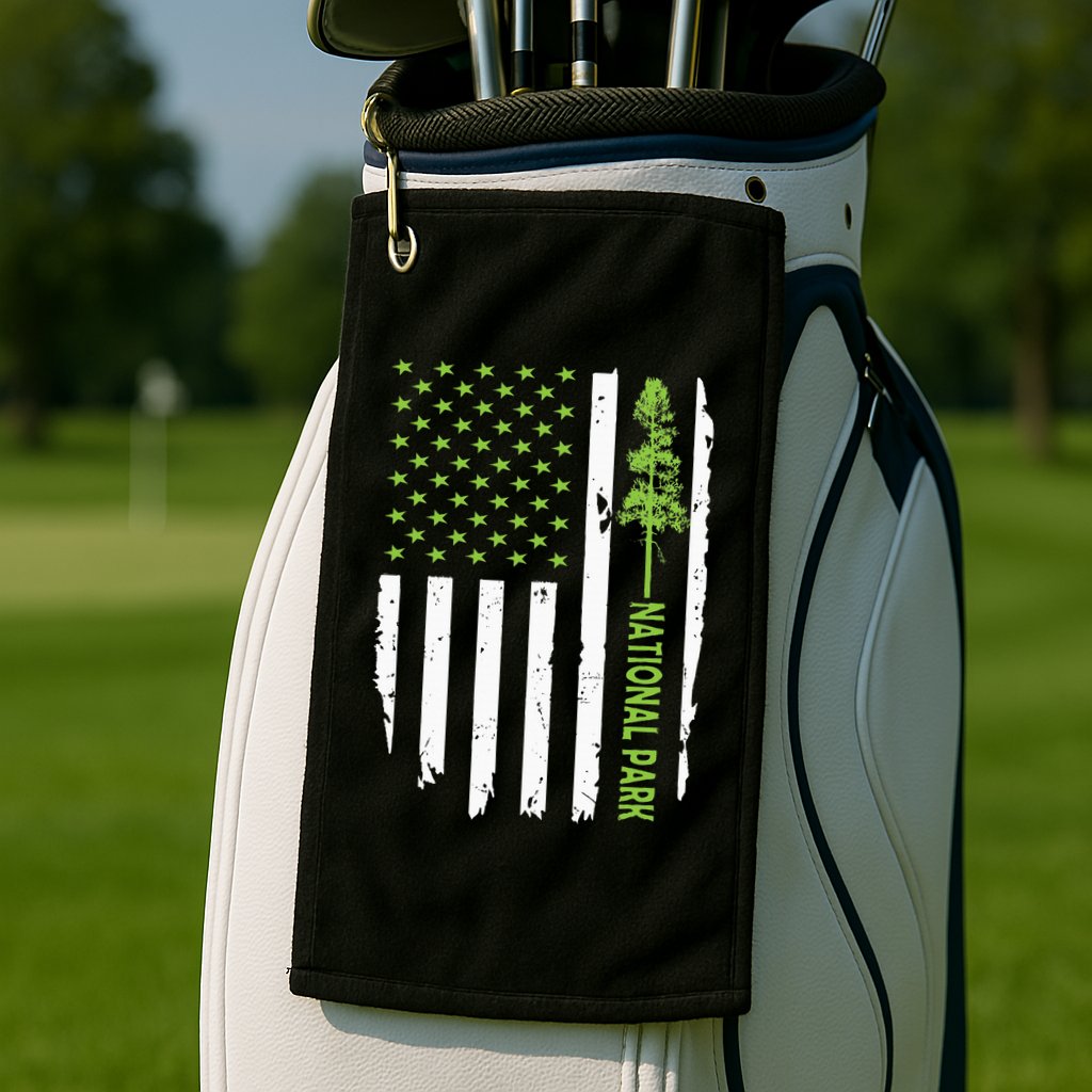 US american flag with pine tree for protect national parks  Golf Towel