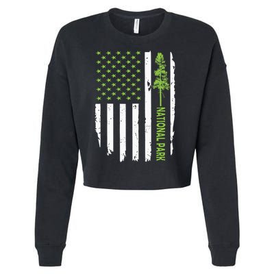 US american flag with pine tree for protect national parks  Cropped Pullover Crew