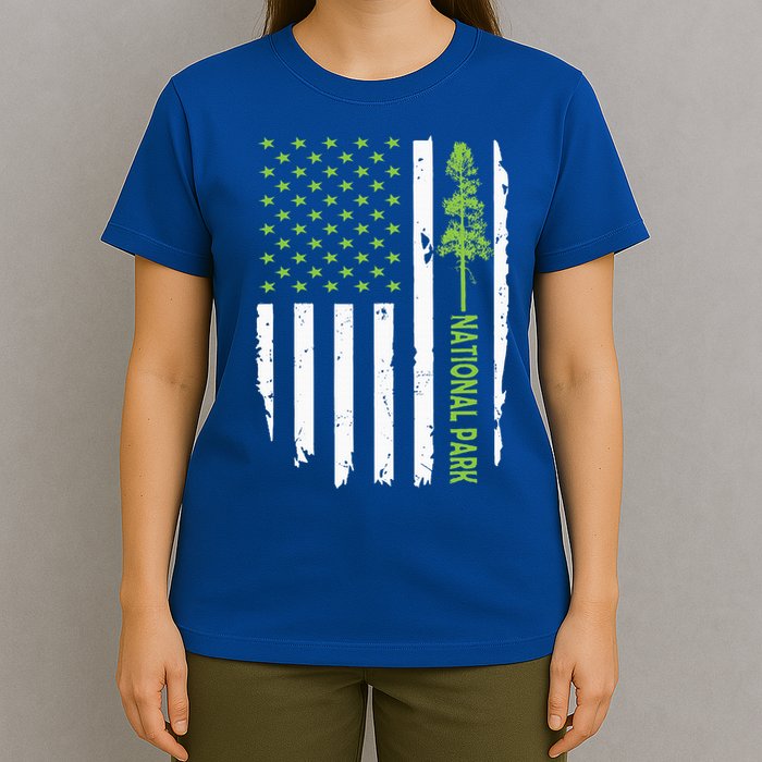 US american flag with pine tree for protect national parks  T-Shirt