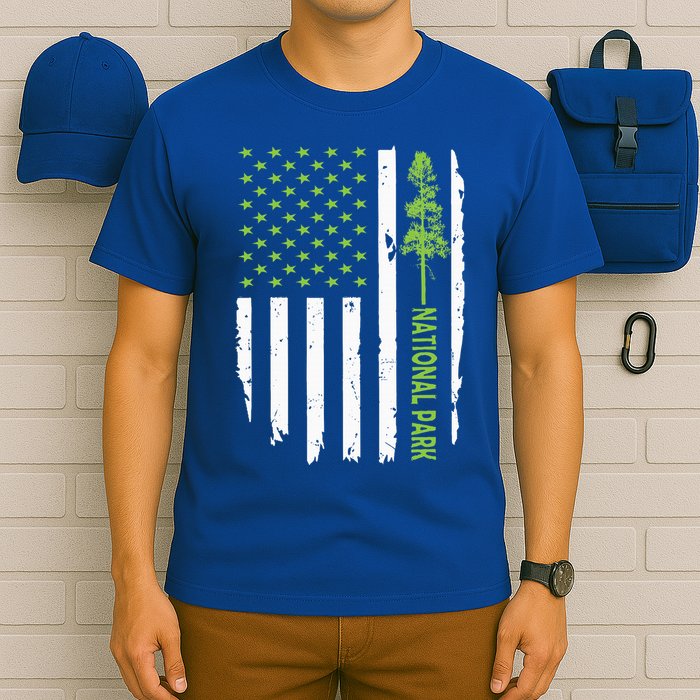 US american flag with pine tree for protect national parks  T-Shirt