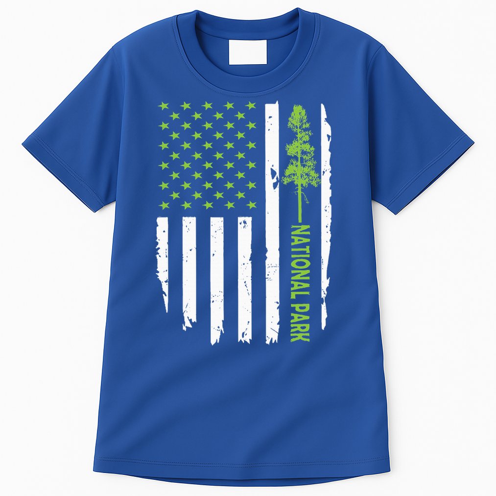 US american flag with pine tree for protect national parks  Tall T-Shirt