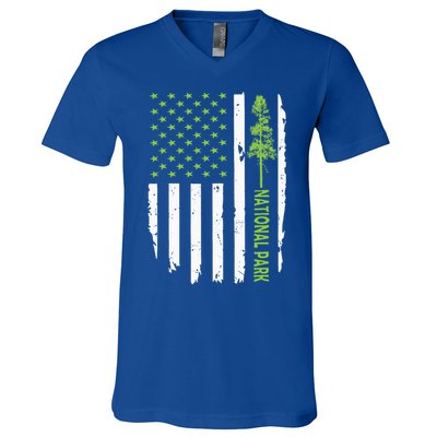 US american flag with pine tree for protect national parks  V-Neck T-Shirt