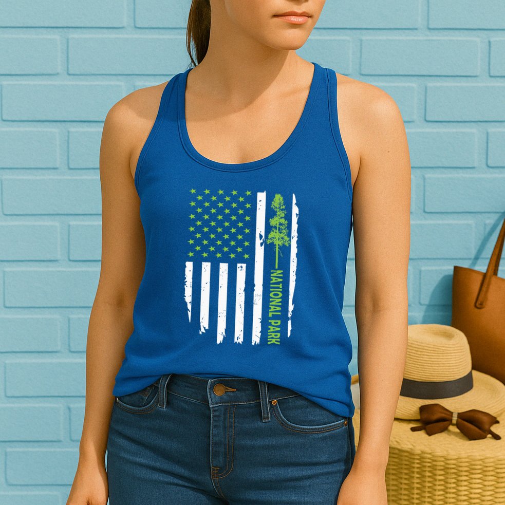 US american flag with pine tree for protect national parks  Womens Tank Top