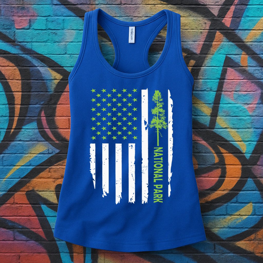 US american flag with pine tree for protect national parks  Womens Tank Top