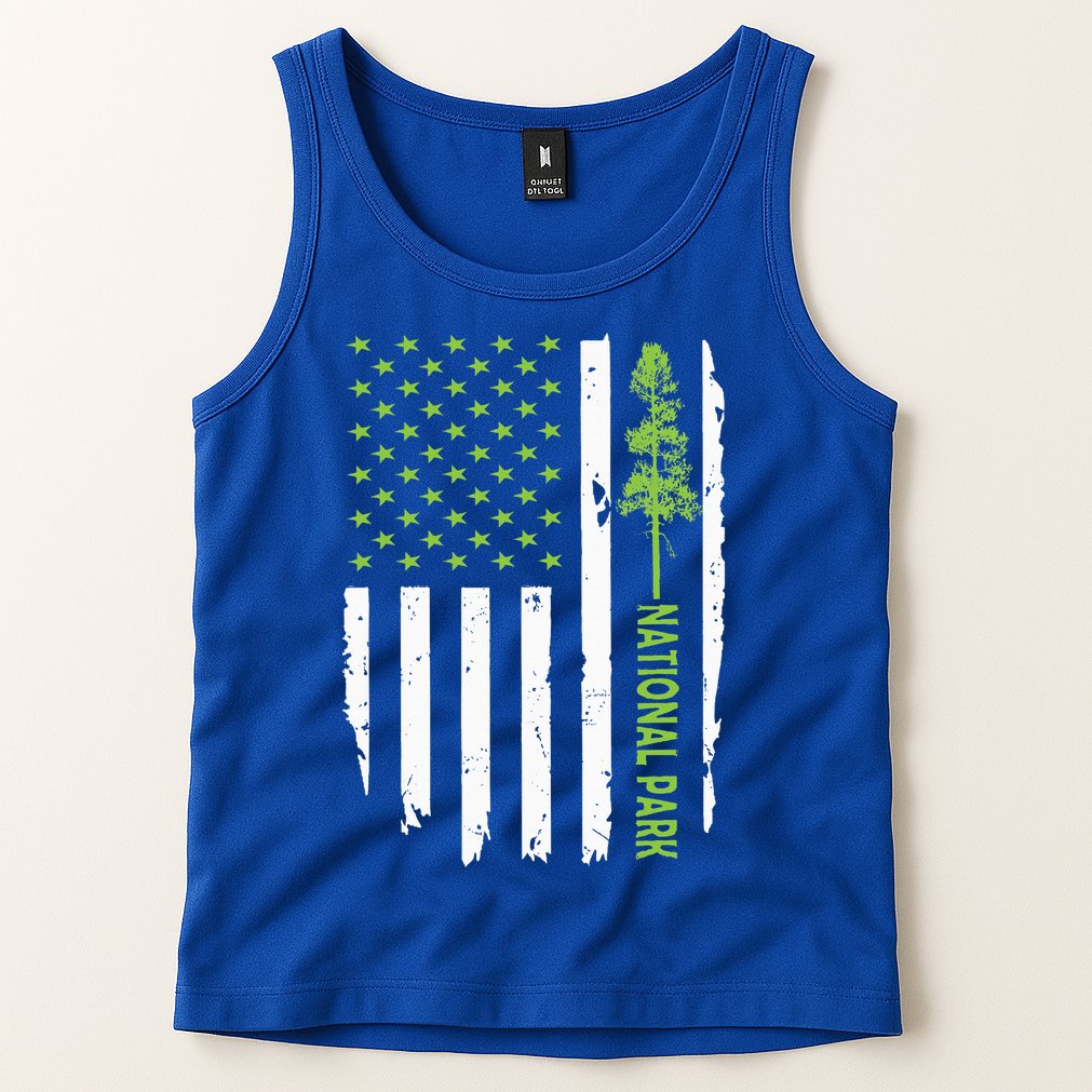 US american flag with pine tree for protect national parks  Tank Top