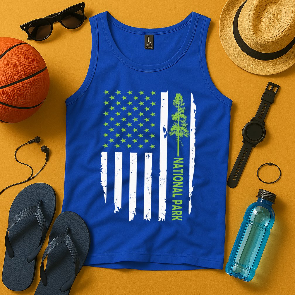 US american flag with pine tree for protect national parks  Tank Top