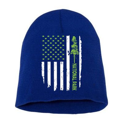 US american flag with pine tree for protect national parks  Short Acrylic Beanie