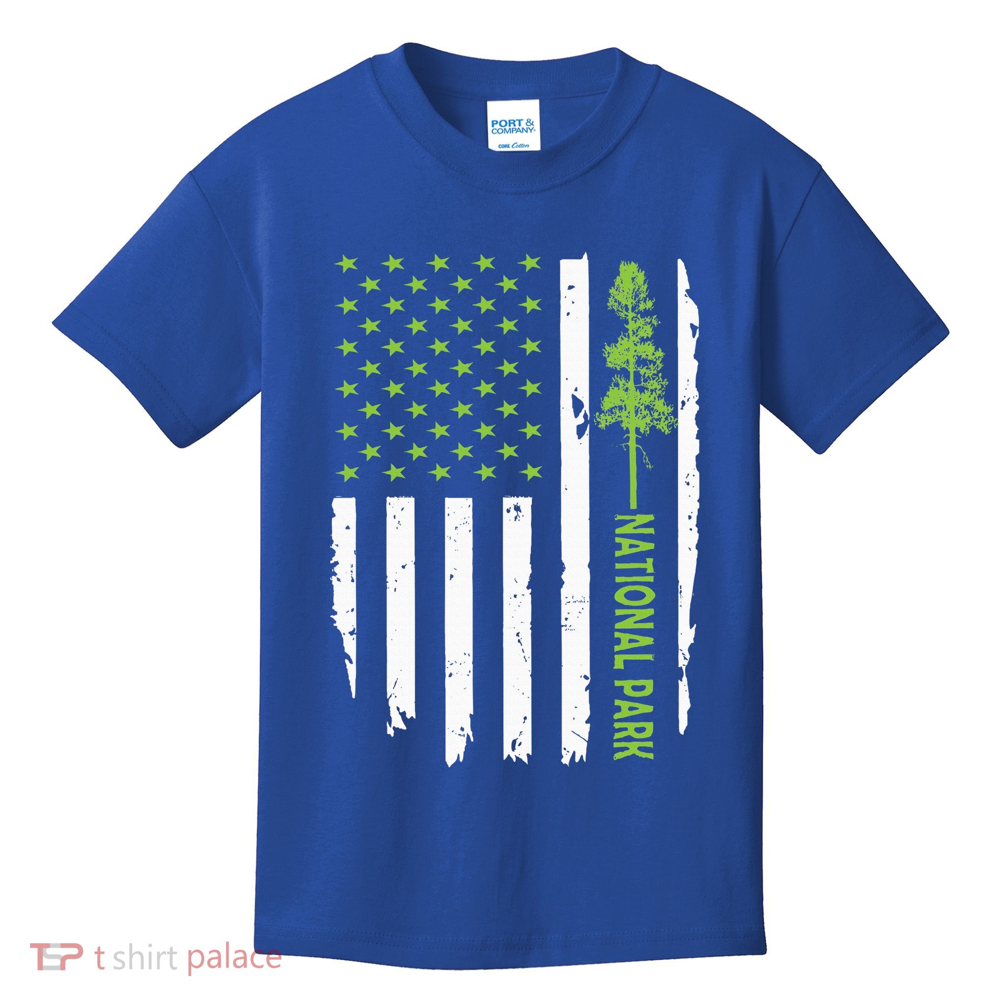 US american flag with pine tree for protect national parks  Kids T-Shirt