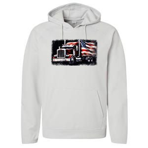 Us American Flag Semi Truck Driver Trucker Performance Fleece Hoodie