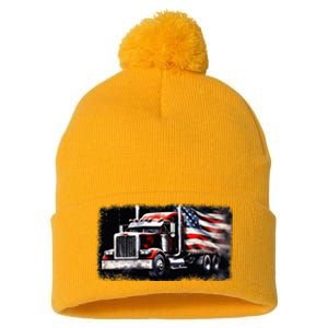 Us American Flag Semi Truck Driver Trucker Pom Pom 12in Knit Beanie