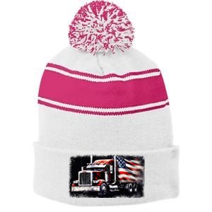 Us American Flag Semi Truck Driver Trucker Stripe Pom Pom Beanie