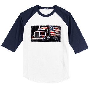 Us American Flag Semi Truck Driver Trucker Baseball Sleeve Shirt