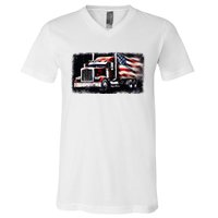 Us American Flag Semi Truck Driver Trucker V-Neck T-Shirt