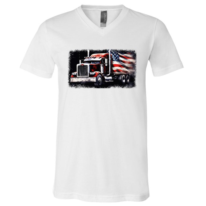 Us American Flag Semi Truck Driver Trucker V-Neck T-Shirt