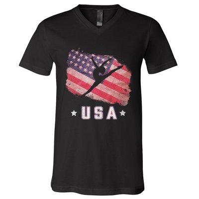 Usa American Flag Gymnastics Team Gymnast Usa V-Neck T-Shirt