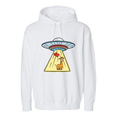 Ufo Abduction Giraffe Valentines Day Gift Garment-Dyed Fleece Hoodie