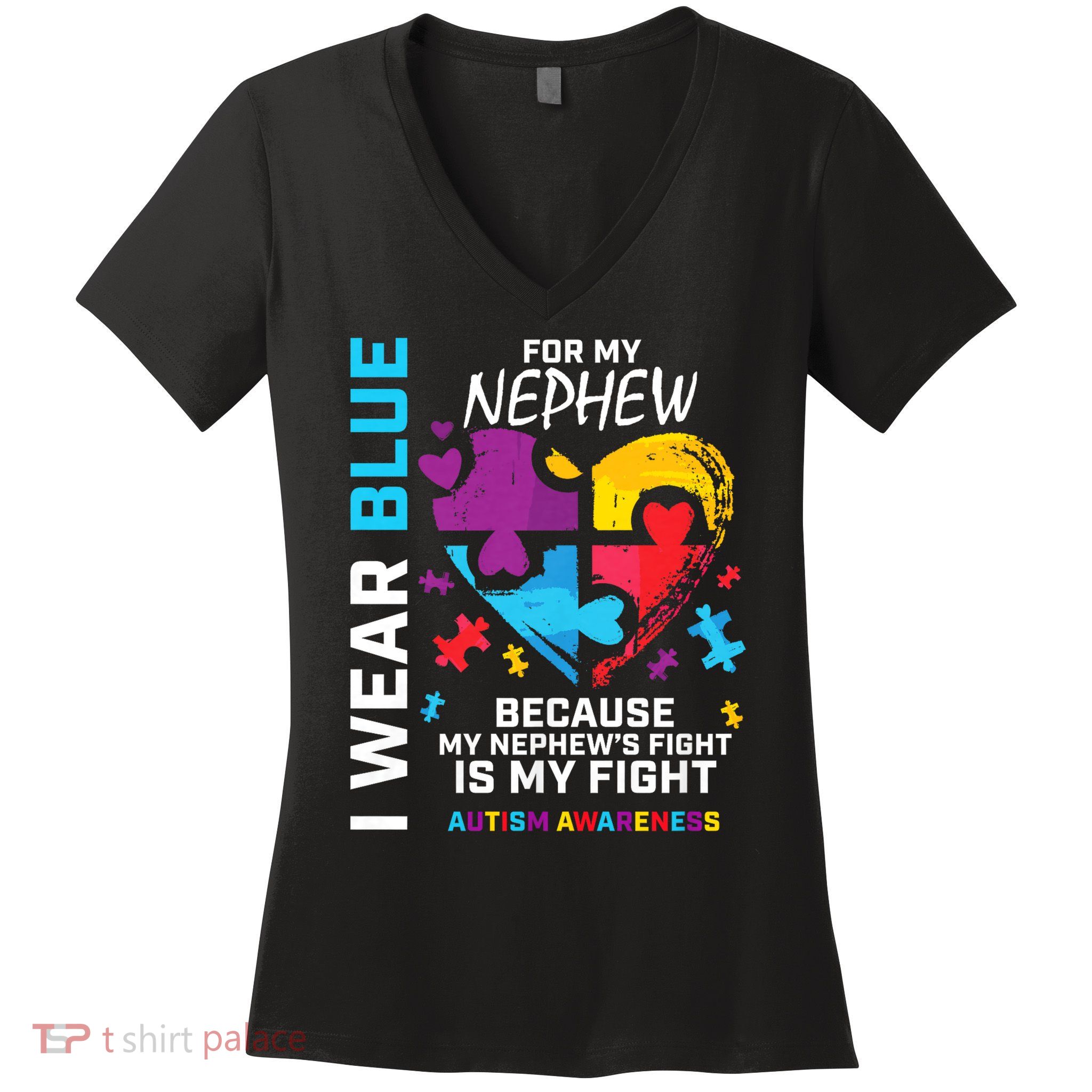 Uncle Aunt Heart I Wear Blue For My Nephew Autism Awareness Women's V-Neck T-Shirt