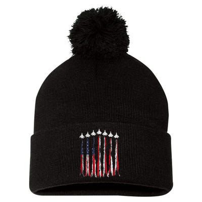 USA Airplane Jet Fighter 4th American Flag Of July Patriotic Pom Pom 12in Knit Beanie