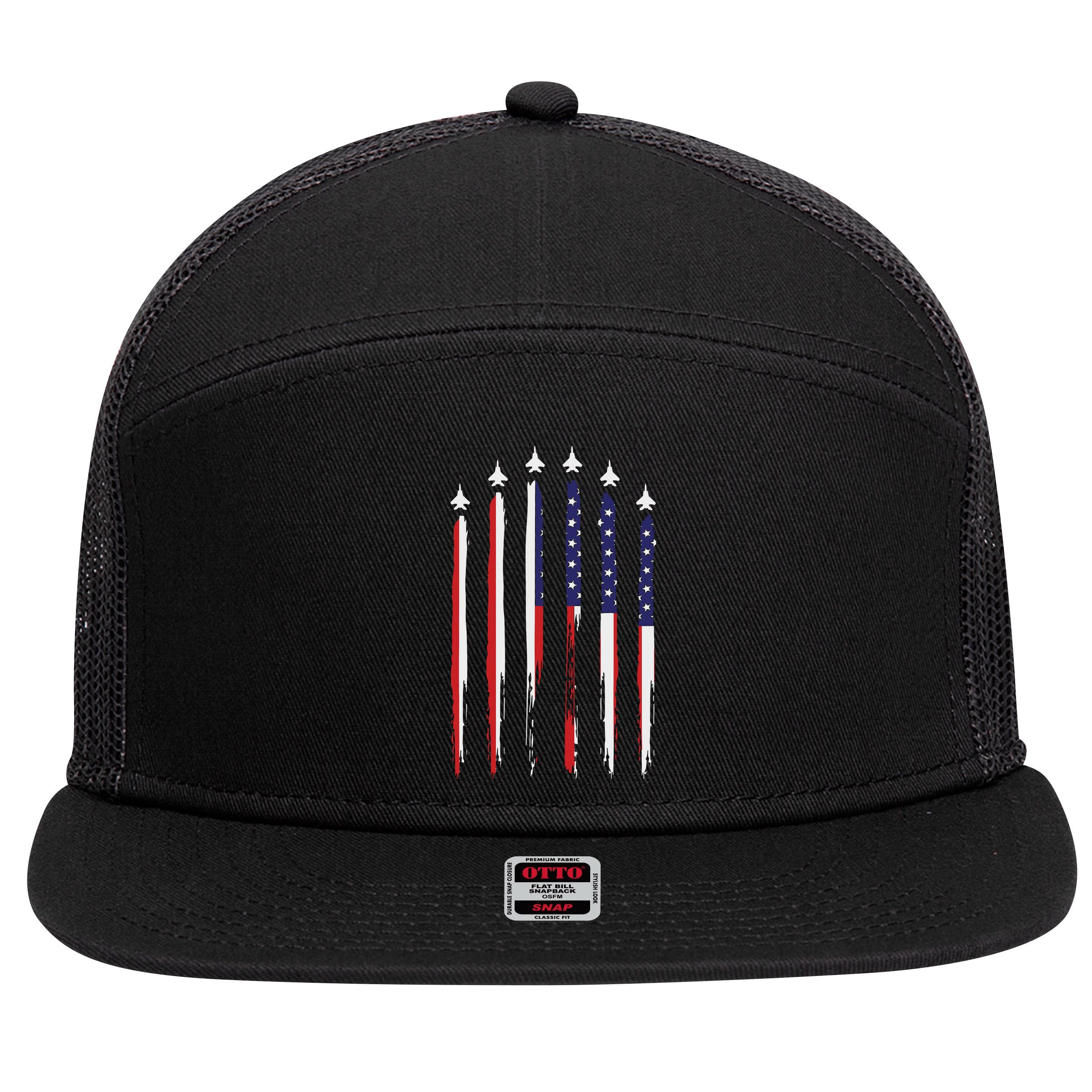 USA Airplane Jet Fighter 4th American Flag Of July Patriotic 7 Panel Mesh Trucker Snapback Hat