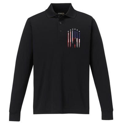 USA Airplane Jet Fighter 4th American Flag Of July Patriotic Performance Long Sleeve Polo