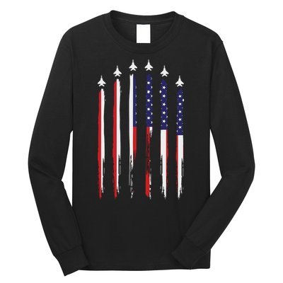 USA Airplane Jet Fighter 4th American Flag Of July Patriotic Long Sleeve Shirt