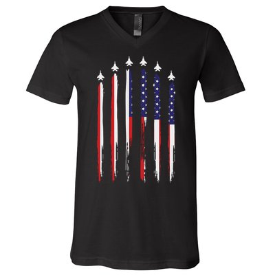 USA Airplane Jet Fighter 4th American Flag Of July Patriotic V-Neck T-Shirt