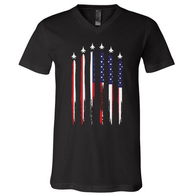 USA Airplane Jet Fighter 4th American Flag Of July Patriotic V-Neck T-Shirt